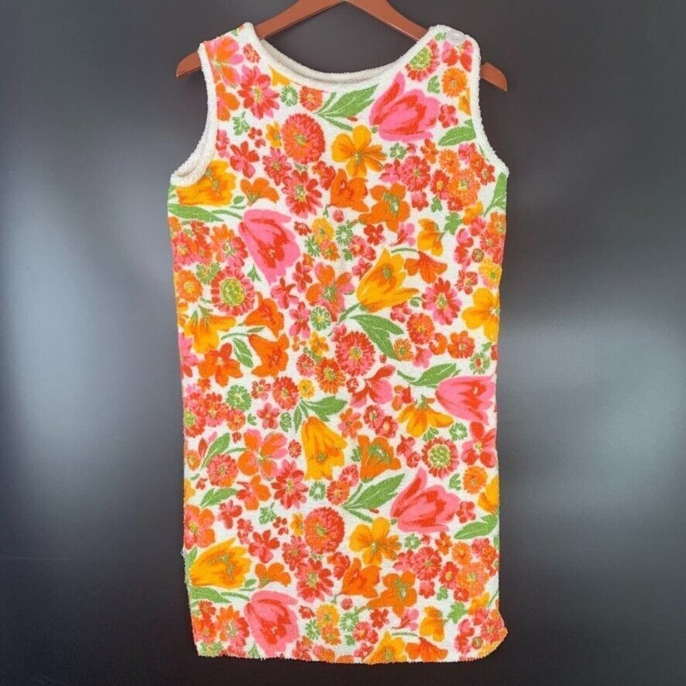 VTG Union Made Women's 70s Flower Hippie Terrycloth Swim Cover Dress Sz M